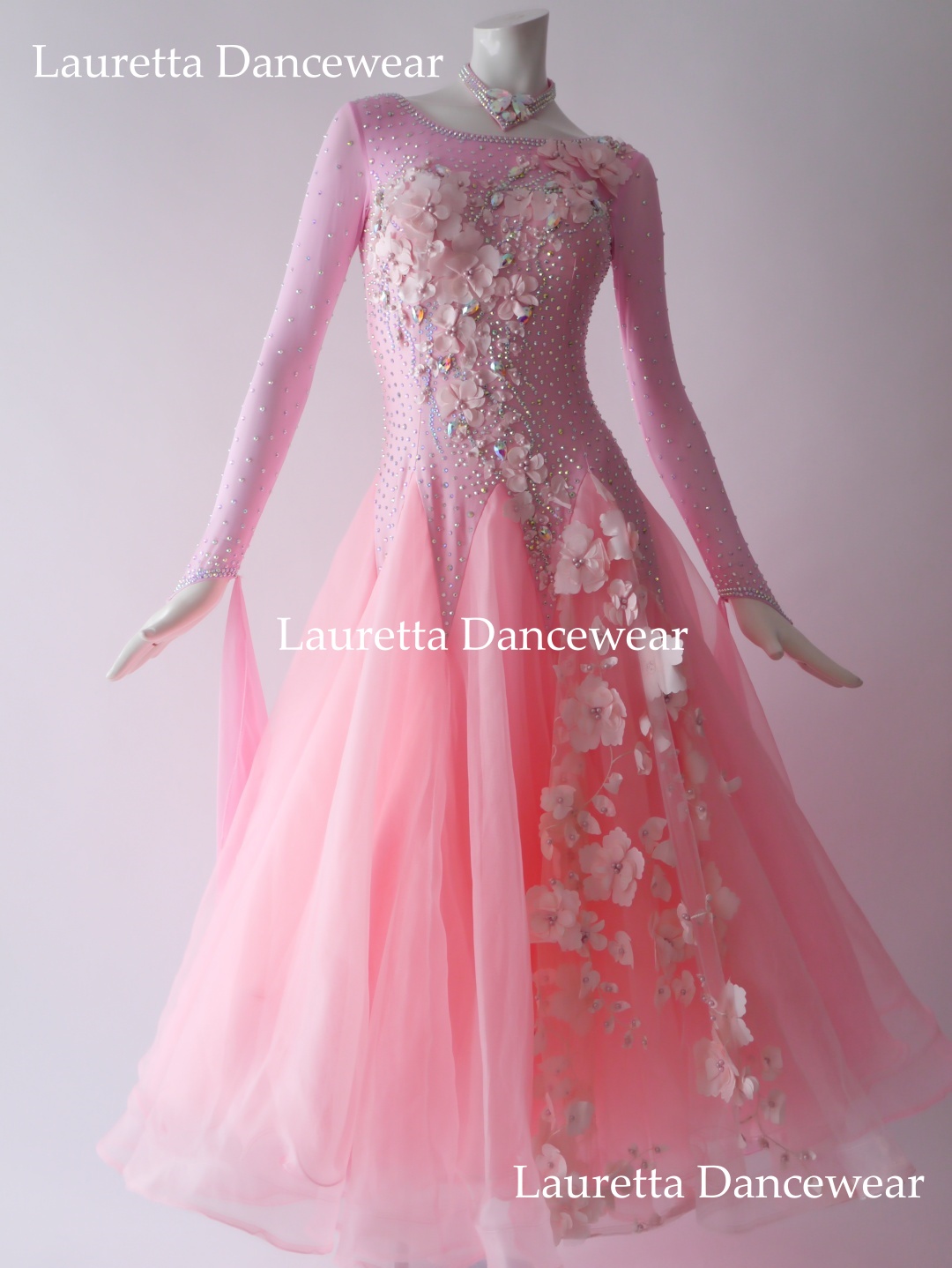 【社交ダンスドレス・衣装】ST21086 スタンダード/モダン 高級仕様 ピンク系 3Dフラワースカート(M)