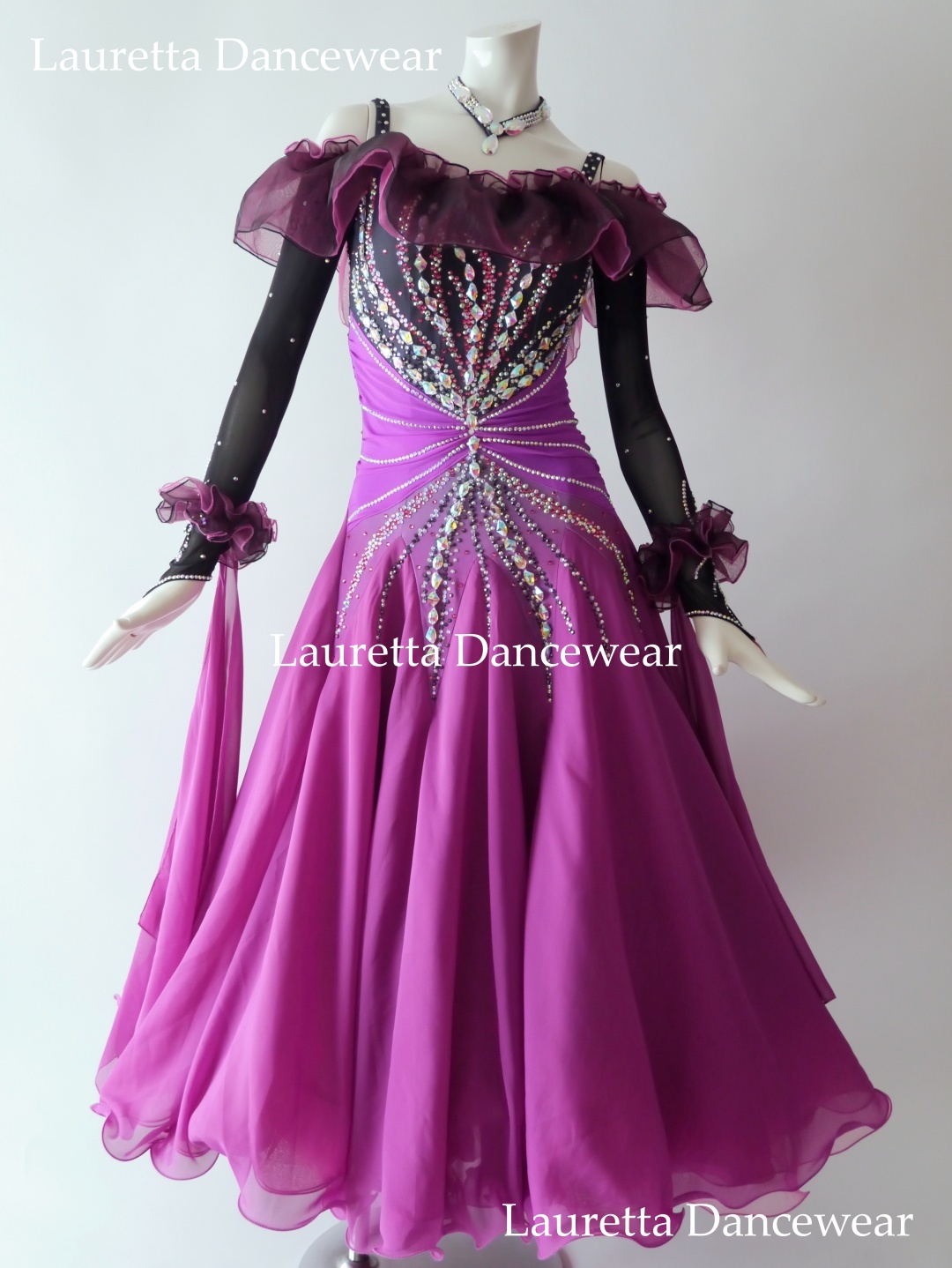 【社交ダンスドレス】ST21087 スタンダード/モダン 高級仕様  フューシャピンク/ブラック(M)