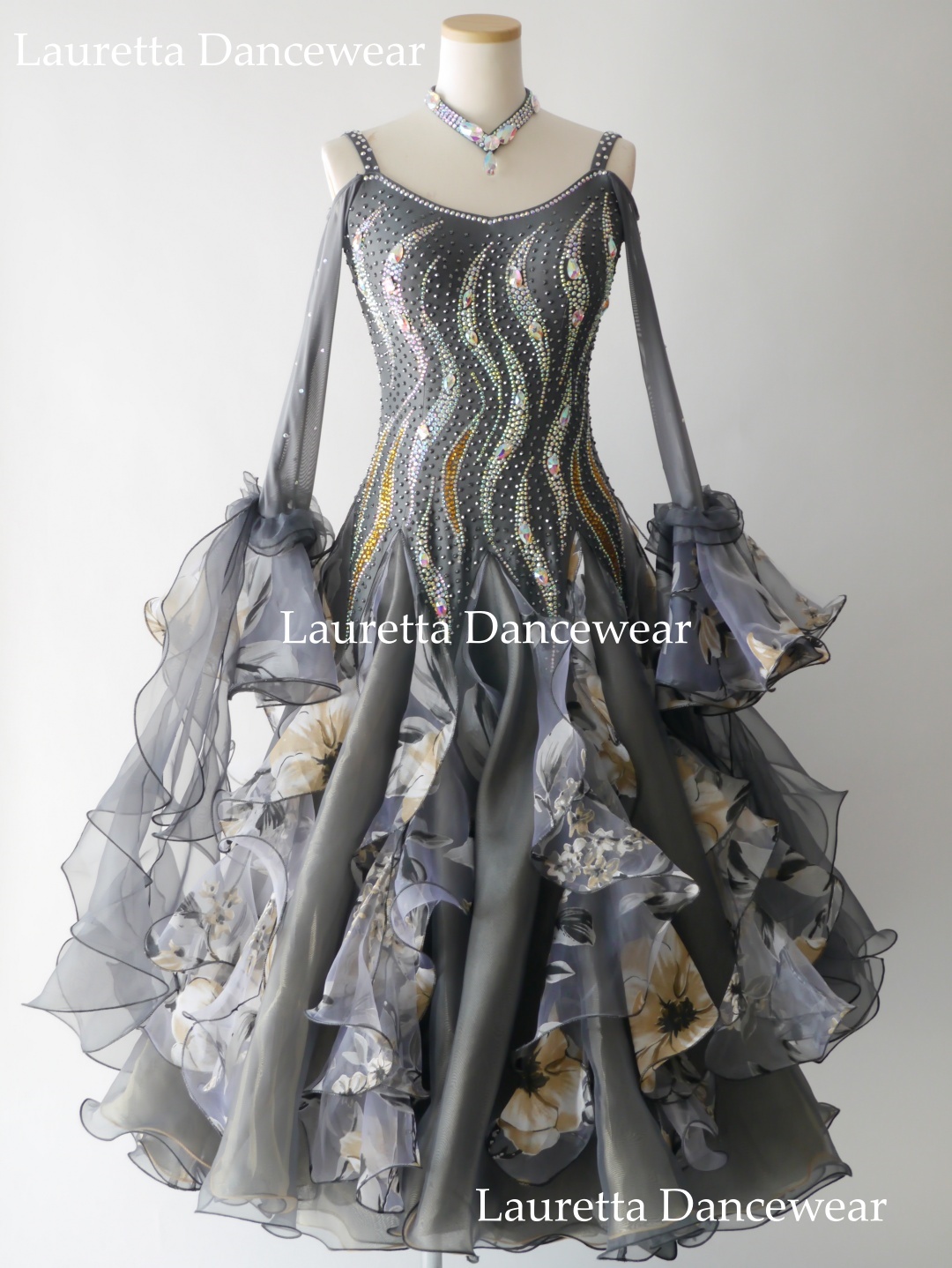 【社交ダンスドレス・衣装】ST21082 スタンダード/モダン 高級仕様 グレー系フラワープリント (M)