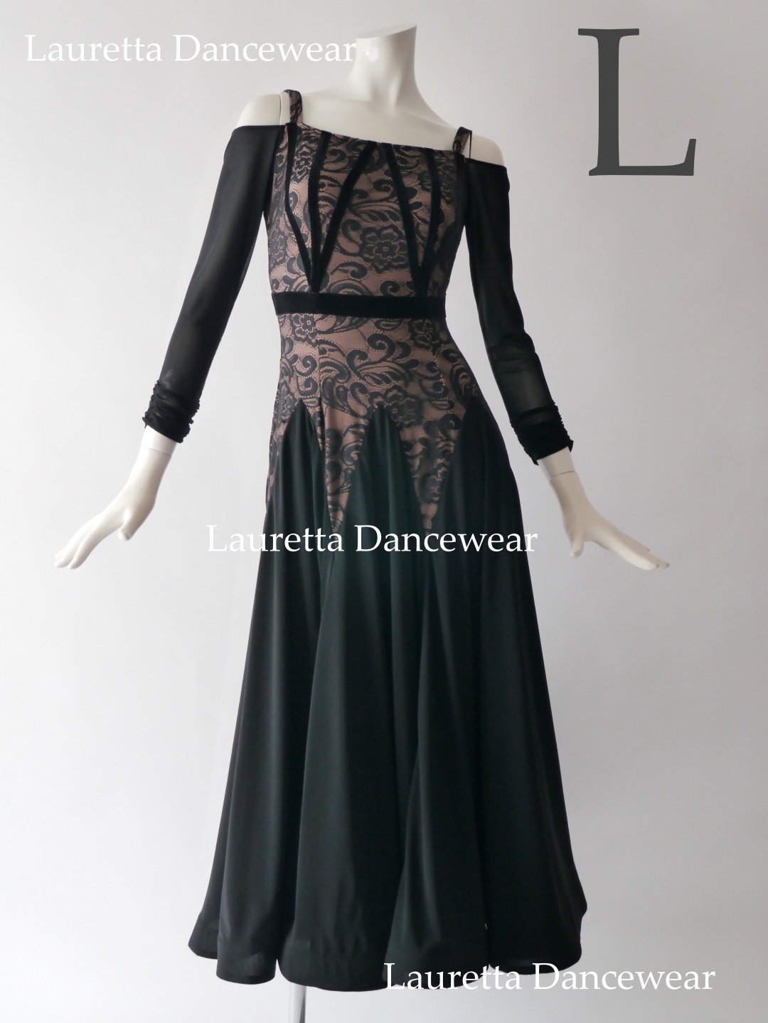 【社交ダンスドレス・衣装】OP20252 パーティードレス/レッスン着 高級仕様 ブラック/ベロア/レース(L)