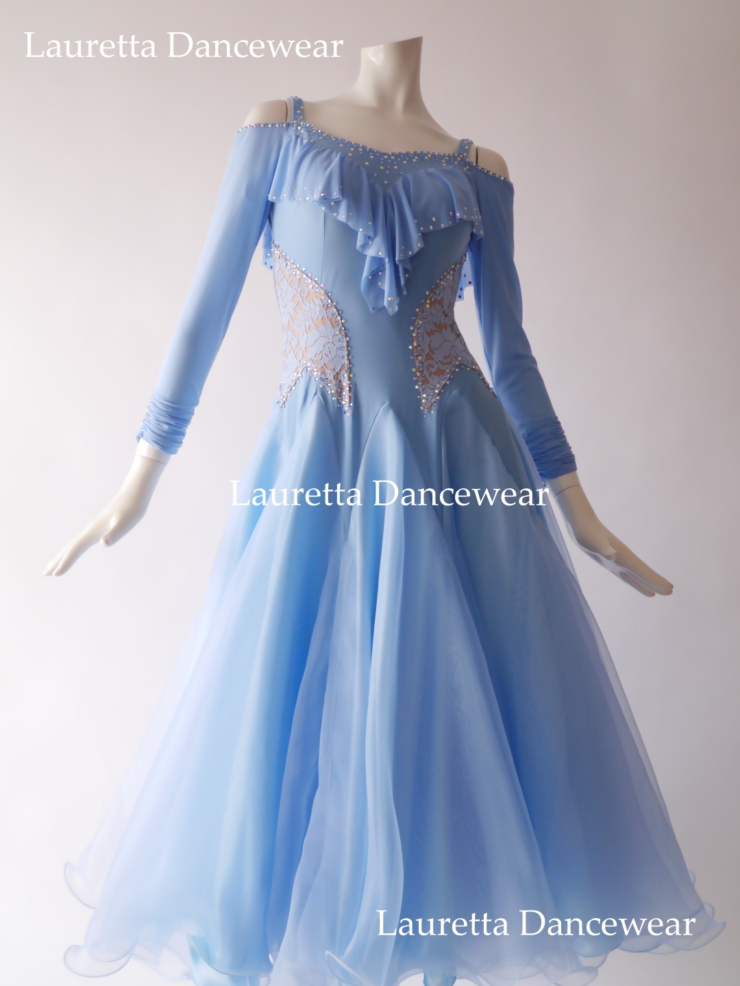 【社交ダンスドレス】OP20258 パーティードレス/レッスン着 ライトブルー/レース(M)