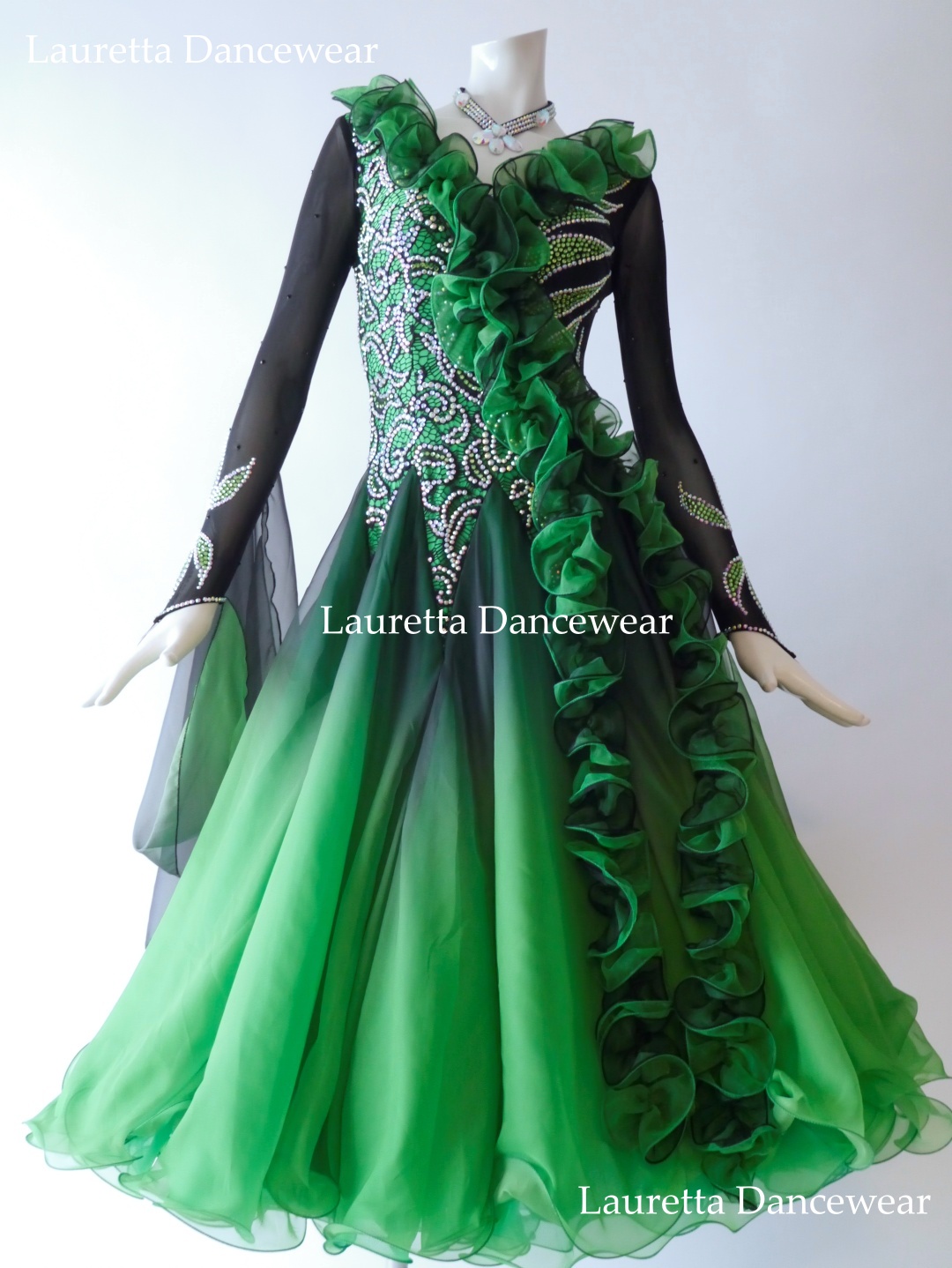 【社交ダンスドレス・衣装】ST21103スタンダード/モダン 高級仕様 グリーン/ブラックグラデーション (M)