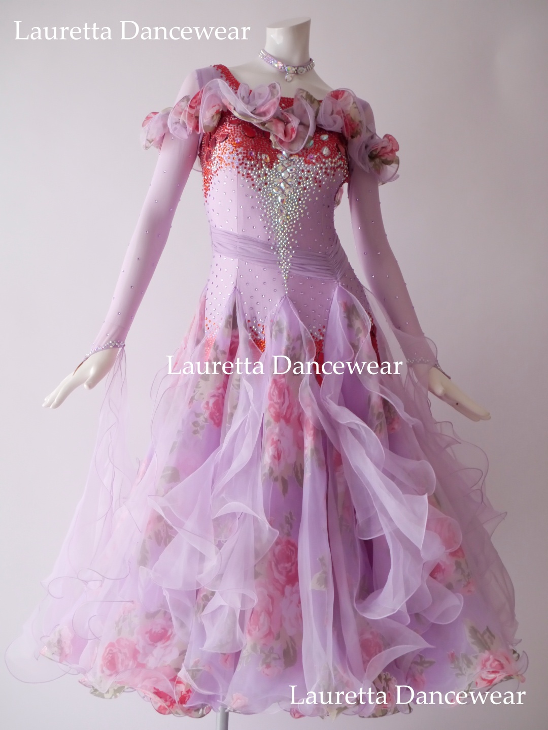 【社交ダンスドレス】ST21107スタンダード/モダン 高級仕様 ライトパープル ローズプリント