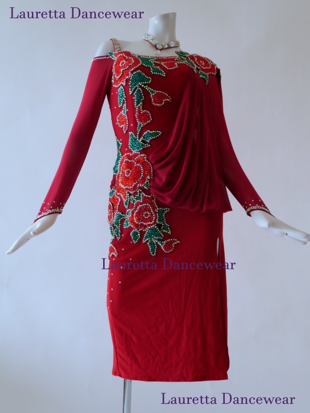 【社交ダンスドレス・衣装】ラテン　高級仕様　ワインレッド/ローズ　LT20024 (L)