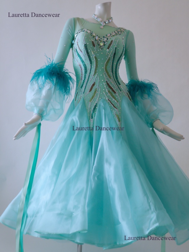 【社交ダンスドレス・衣装】ST20938スタンダード/モダン　ミントグリーン/オーストリッチフェザー (M)