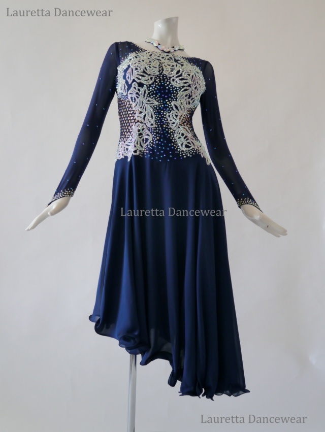 【社交ダンスドレス・衣装】LT20267 ラテンドレス　高級仕様　ネイビーブルー ホワイト(L)