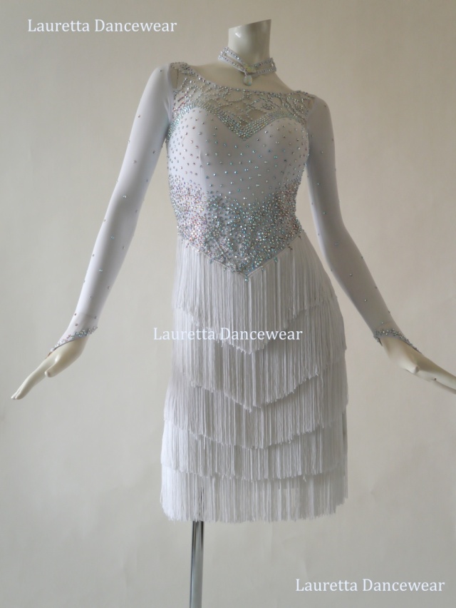 【社交ダンスドレス・衣装】LT20272 高級仕様 ラテンドレス ホワイト/フリンジ (Ｍ)