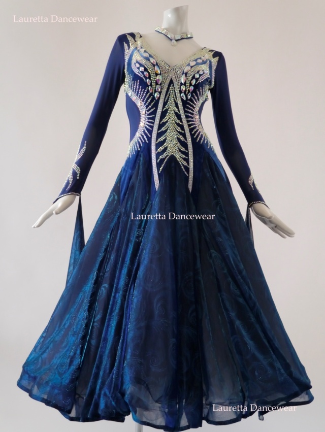 【社交ダンスドレス】ST21018 スタンダード/モダン 高級仕様 オリエンタルブルー/ベロア生地(L)
