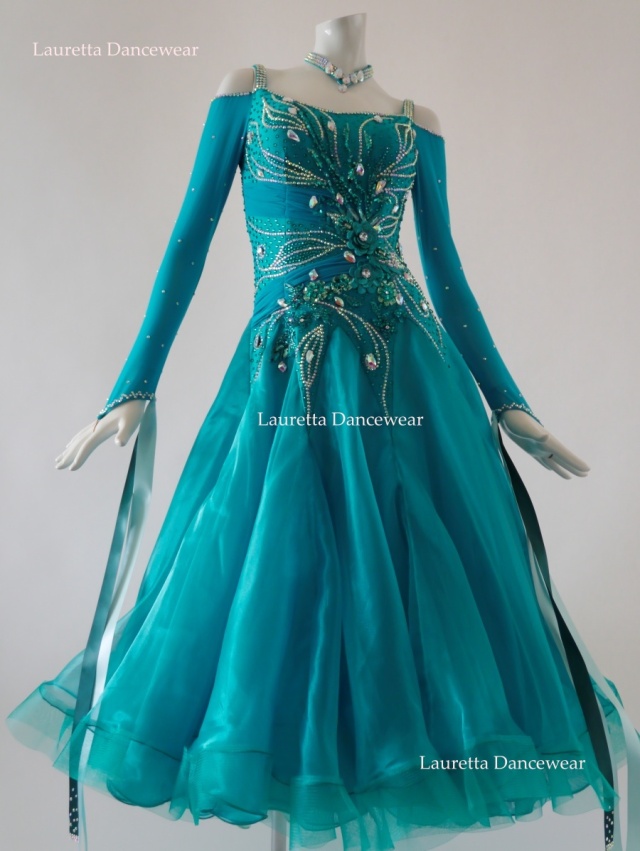 【社交ダンスドレス・衣装】ST21016 スタンダード/モダン 高級仕様　グリーン/ミントグリーン (L)