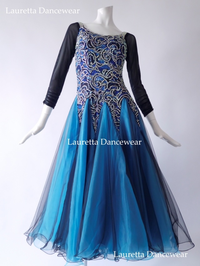 【社交ダンスドレス・衣装】OP20233 高級仕様 パーティドレス/レッスン着 ブラック/ブルー (L)