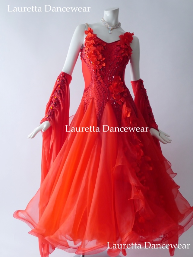 【社交ダンスドレス・衣装】ST21088 スタンダード/モダン 高級仕様 ルビーレッド (M)