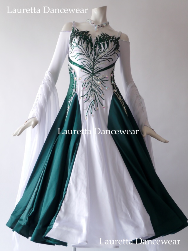 【社交ダンスドレス・衣装】ST21089 スタンダード/モダン 高級仕様  フォレストグリーン/ホワイト (M)