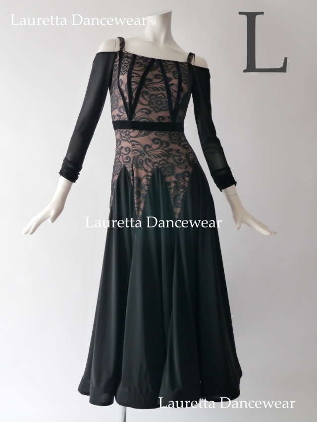 【社交ダンスドレス・衣装】OP20252 パーティードレス/レッスン着 高級仕様 ブラック/ベロア/レース(L)