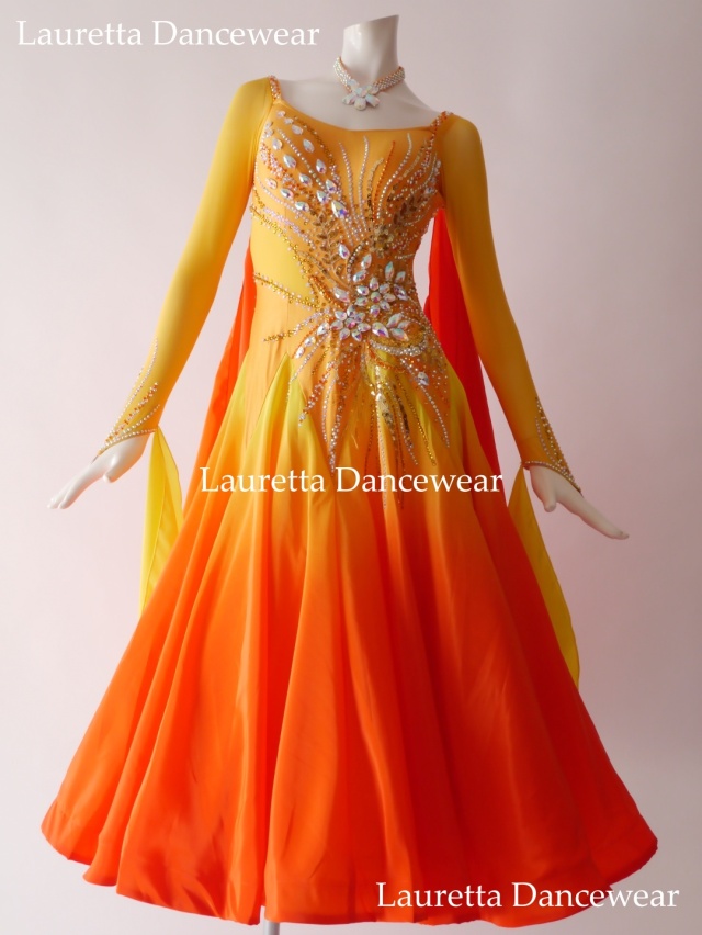 【社交ダンスドレス・衣装】ST21093 スタンダード/モダン 高級仕様  レッドオレンジ/マリーゴールド スパンコール(M)