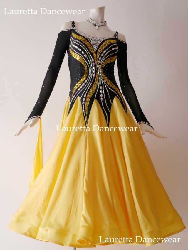 【社交ダンスドレス・衣装】ST21095 スタンダード/モダン 高級仕様  ブラック/イエロー(M)
