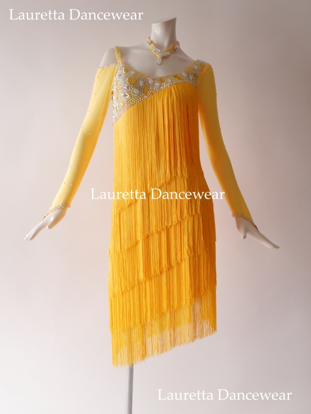 【社交ダンスドレス・衣装】LT20304 ラテンドレス 高級仕様 ゴールデンイエロー フリンジ(Ｍ)
