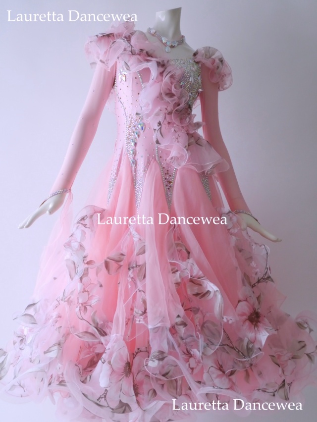 【社交ダンスドレス・衣装】ST21097 スタンダード/モダン 高級仕様 パウダーピンク ローズプリント (M)
