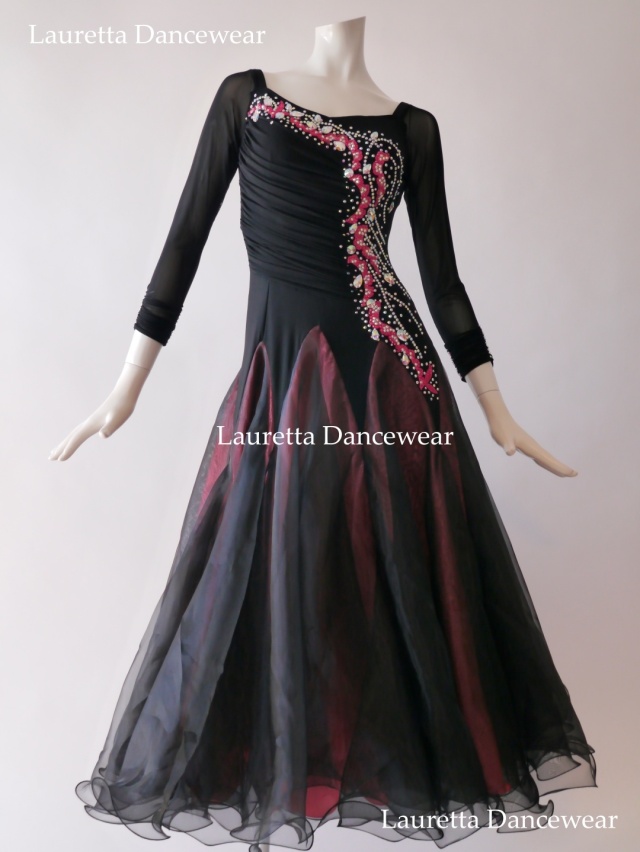 【社交ダンスドレス】OP20255 パーティードレス/レッスン着 ブラック/コーラルピンク(M)