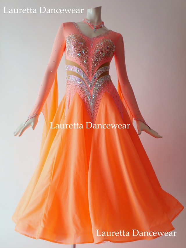 【社交ダンスドレス】ST21102 スタンダード/モダン 高級仕様 コーラルオレンジ(M)