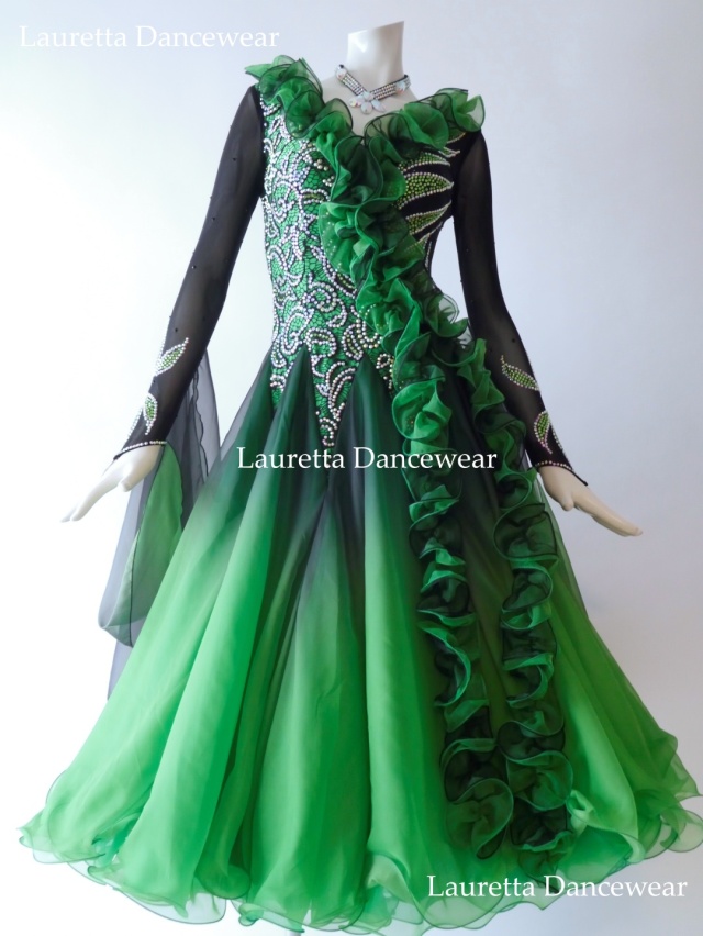 【社交ダンスドレス・衣装】ST21103スタンダード/モダン 高級仕様 グリーン/ブラックグラデーション (M)