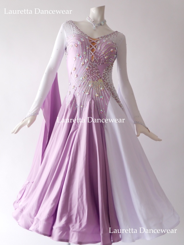 【社交ダンスドレス】ST21105 スタンダード/モダン 高級仕様 モーヴピンク/ホワイト(L)