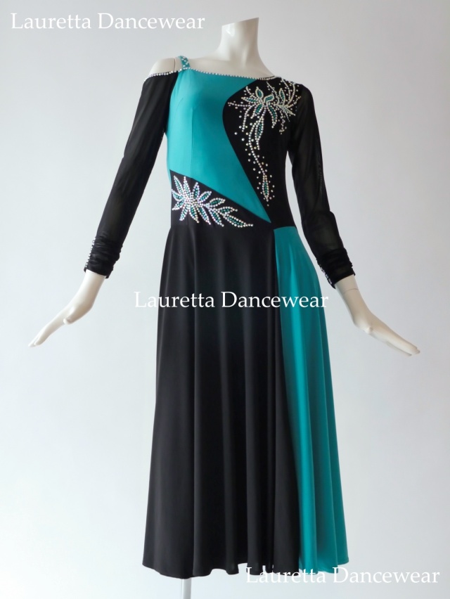 【社交ダンスドレス・衣装】OP20263  高級仕様 パーティドレス/レッスン着 ブラック/ターコイズグリーン(L)