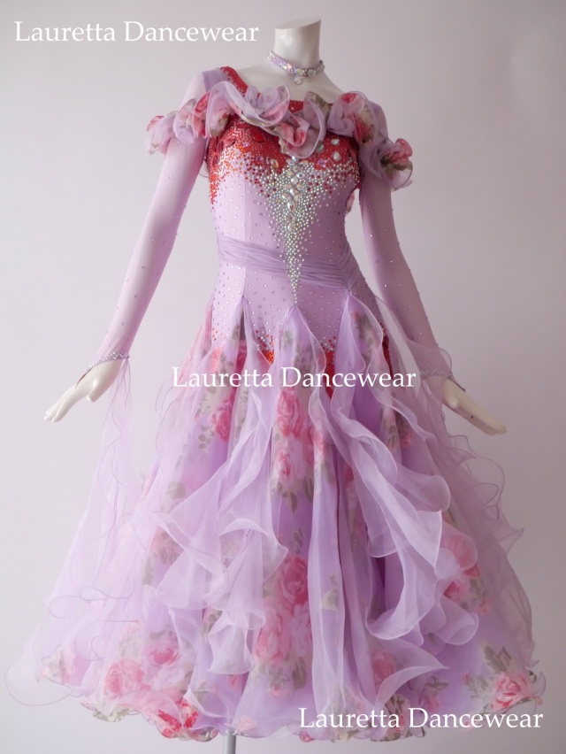 【社交ダンスドレス】ST21107スタンダード/モダン 高級仕様 ライトパープル ローズプリント