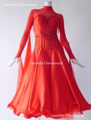 【社交ダンスドレス・衣装】ST21039 スタンダード/モダン 高級仕様 竹ビーズフリンジ ルビーレッド (M)