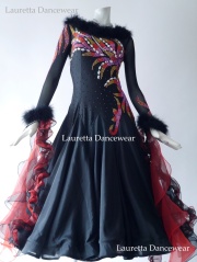 【社交ダンスドレス・衣装】ST21099 スタンダード/モダン 高級仕様 ブラック/レッド フェザー (M)