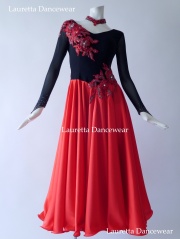 【社交ダンスドレス・衣装】PS20201 パソドブレ ラテン レッド/ブラック フラワーモチーフ サーキュラースカート (M)