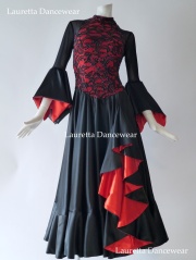 【社交ダンスドレス・衣装】PS20202 パソドブレ ラテン ブラック/レッド ブラックレース サーキュラースカート(M)
