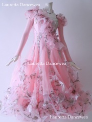 【社交ダンスドレス・衣装】ST21097 スタンダード/モダン 高級仕様 パウダーピンク ローズプリント (M)