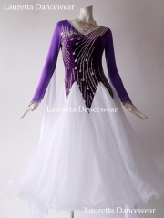 【社交ダンスドレス】ST21106 スタンダード 高級仕様 ベロア/パープル/ホワイト バックワードネックレス(L)