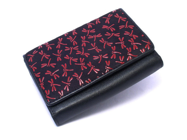 印伝　トンボ柄　二つ折り財布（小銭入れあり）　「ル・プレリー 」  NPE5210　クロ／アカ　正面