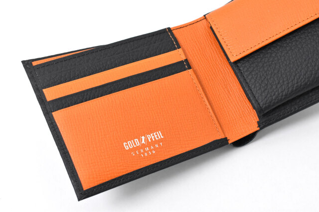スペリオール170th Anniversary 二つ折り財布（小銭入れあり） 「ゴールドファイル」 GP24217　ブラック／オレンジ　商品特徴