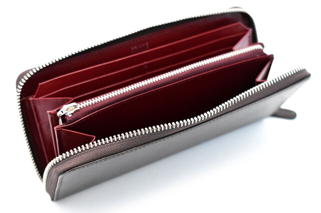 ボックスカーフヴェネチアン　ラウンドファスナー長財布（小銭入れあり）　「プレリーギンザ」　NP57629　ダークブラウン　内作り