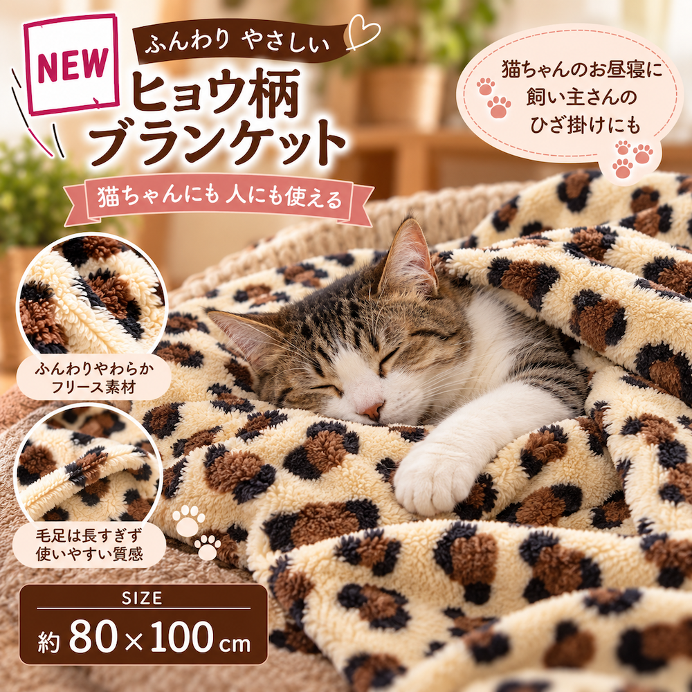 ふわふわヒョウ柄ブランケット 80×100cm　クリーム