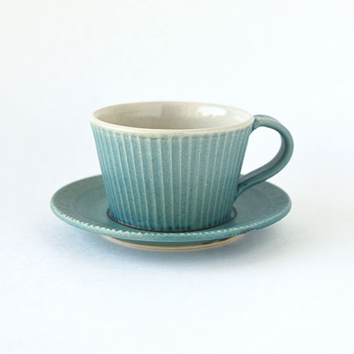 コーヒーカップ&ソーサー【陶器・しのぎ ターコイズ】／森永 淳俊