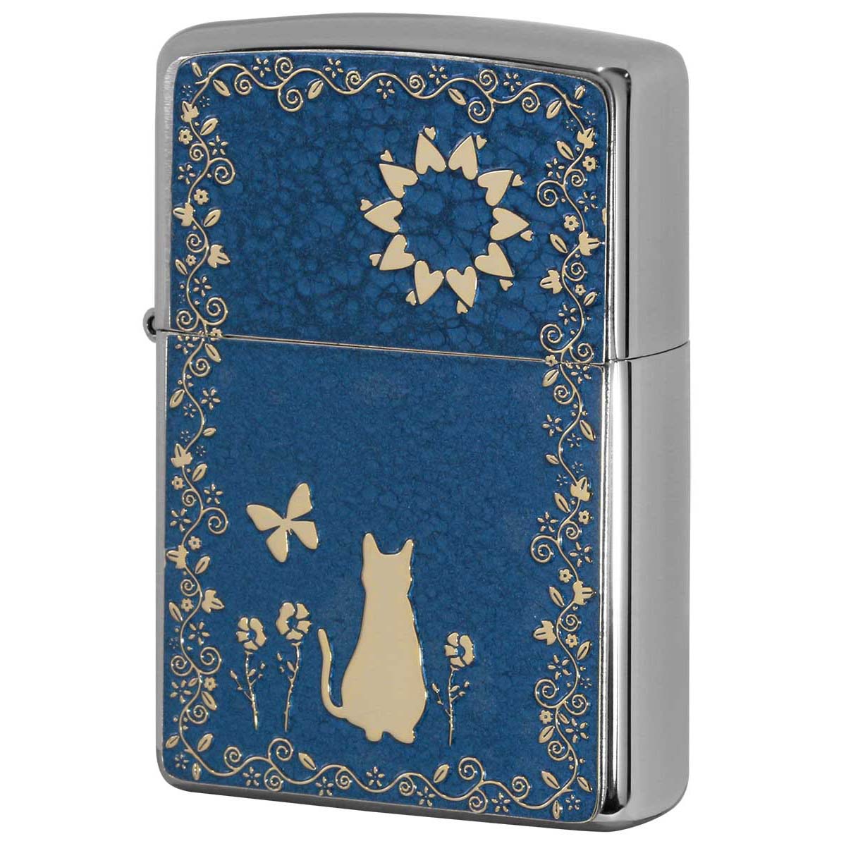 Zippo ジッポー ネコ 猫 Cat ブルー #200 ゴールドプレート 両面加工 ブラッシュドクローム 2MPP-Cat BL GP