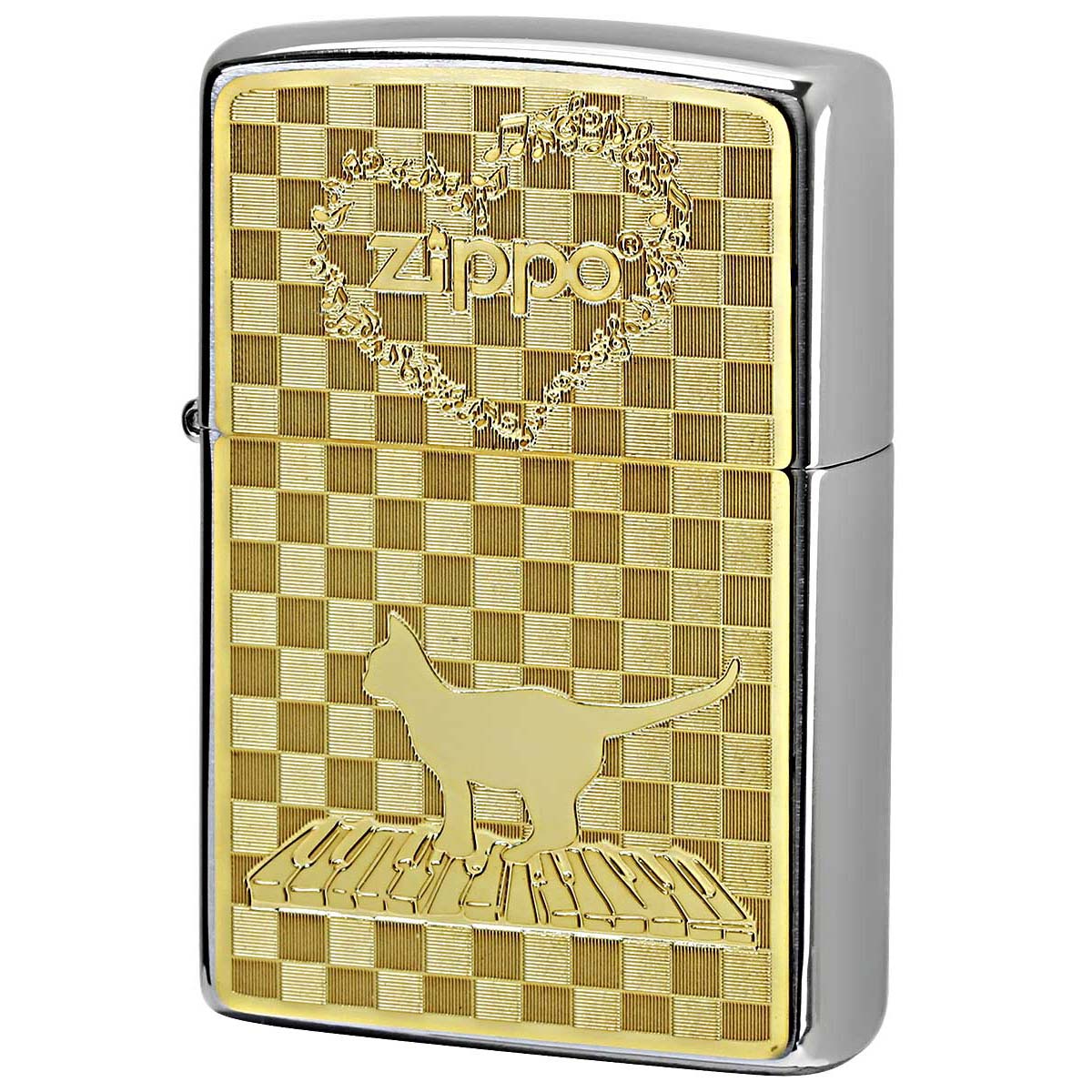 Zippo ジッポー ネコ 猫 Cat 音符 #200 ゴールドプレート ブラッシュドクローム 2MP-ネコと音符 GP メール便可