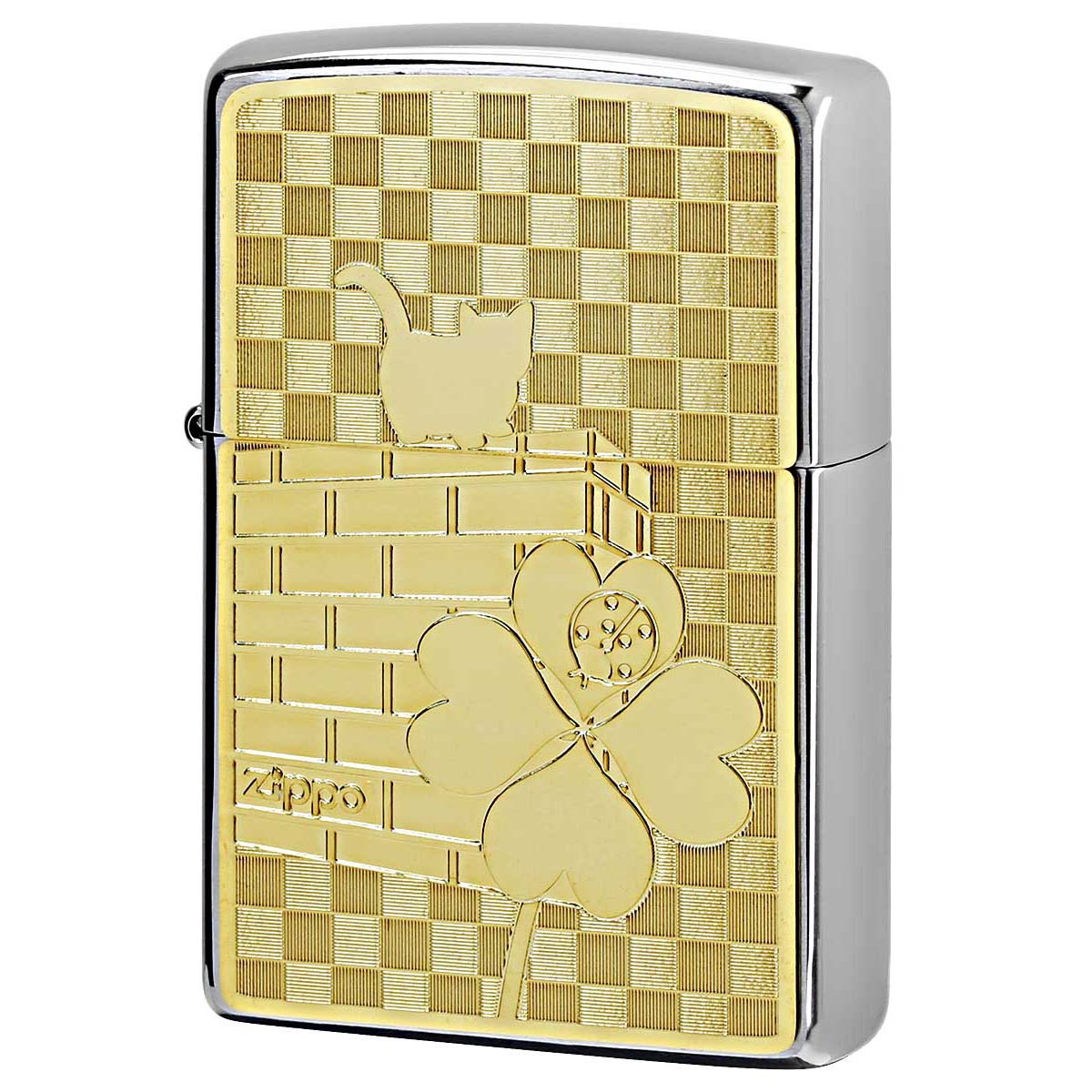 Zippo ジッポー ネコ 猫 Cat 天道虫 #200 ゴールドプレート ブラッシュドクローム 2MP-ネコと天道虫 GP メール便可