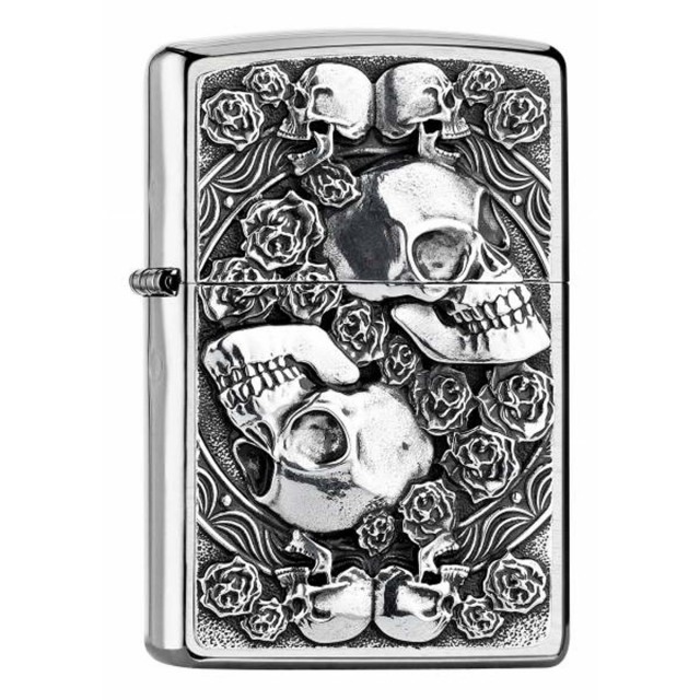 ヨーロッパ直輸入Zippo ジッポー スカル ドクロ 骸骨 ローズ 薔薇 SKULL AND ROSES エンブレム貼り 2005891 メール便可
