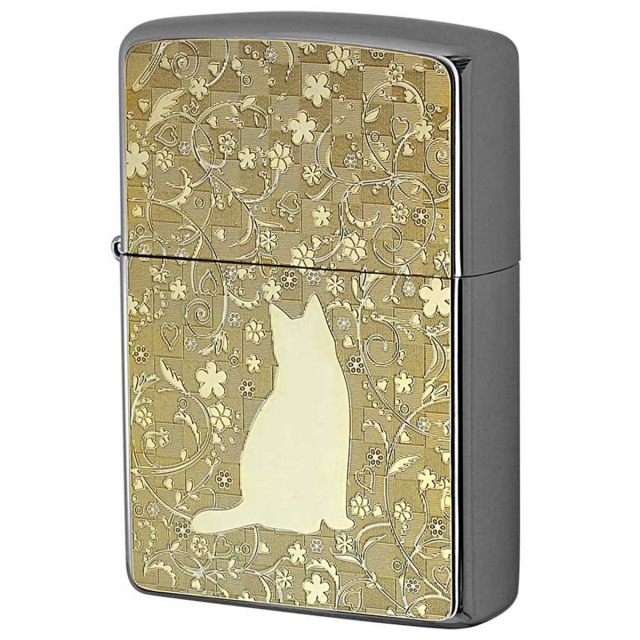 Zippo ジッポー ネコ 猫 Cat 花 ゴールドプレート #200 メタルプレート ブラッシュドクローム 2MP-ネコと花 メール便可