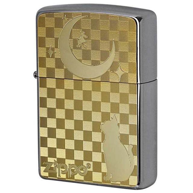 Zippo ジッポー ネコ 猫 Cat 月 ゴールドプレート #200 メタルプレート ブラッシュドクローム 2MP-ネコと月 メール便可