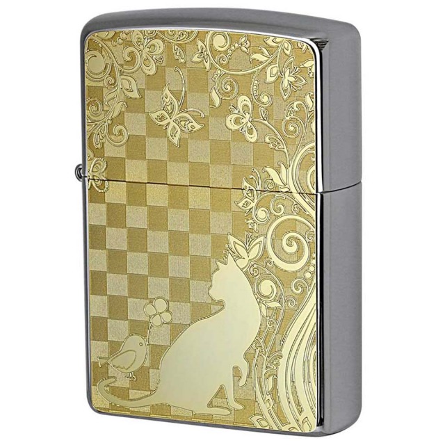 Zippo ジッポー ネコ 猫 Cat 小鳥 ゴールドプレート #200 メタルプレート ブラッシュドクローム 2MP-ネコと小鳥 メール便可