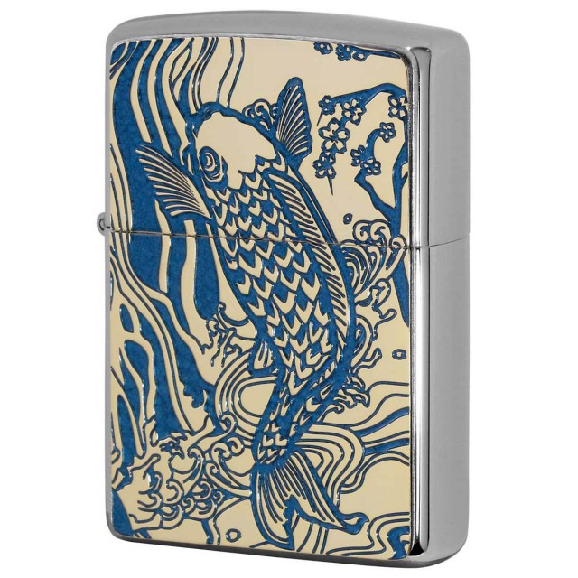 Zippo ジッポー 鯉 カープ ブルー #200 ゴールドプレート 両面加工 ブラッシュドクローム 2MPP-Carp BL GP
