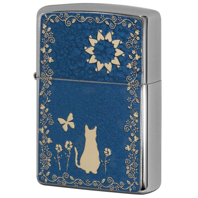 Zippo ジッポー ネコ 猫 Cat ブルー #200 ゴールドプレート 両面加工 ブラッシュドクローム 2MPP-Cat BL GP