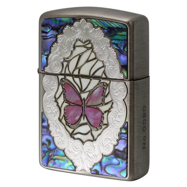 Zippo ジッポー アーマー シェル 蝶々 バタフライ レッド ARMOR Butterfly and Rose Antique Nickel シリアル番号 RD
