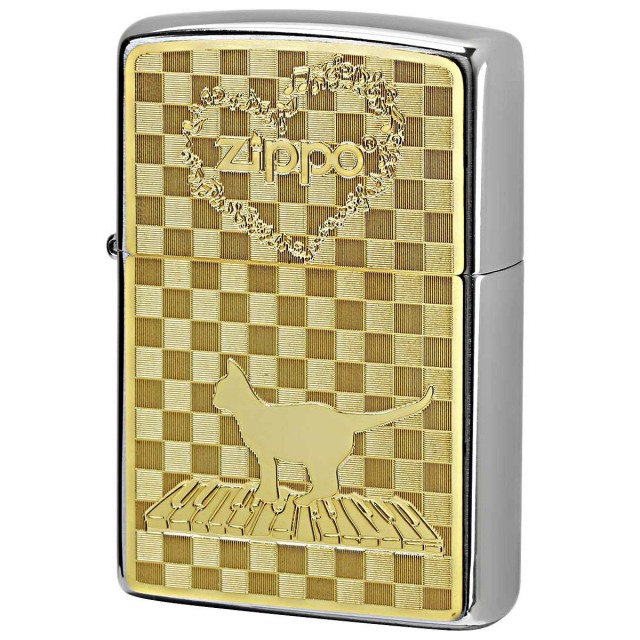 Zippo ジッポー ネコ 猫 Cat 音符 #200 ゴールドプレート ブラッシュドクローム 2MP-ネコと音符 GP メール便可