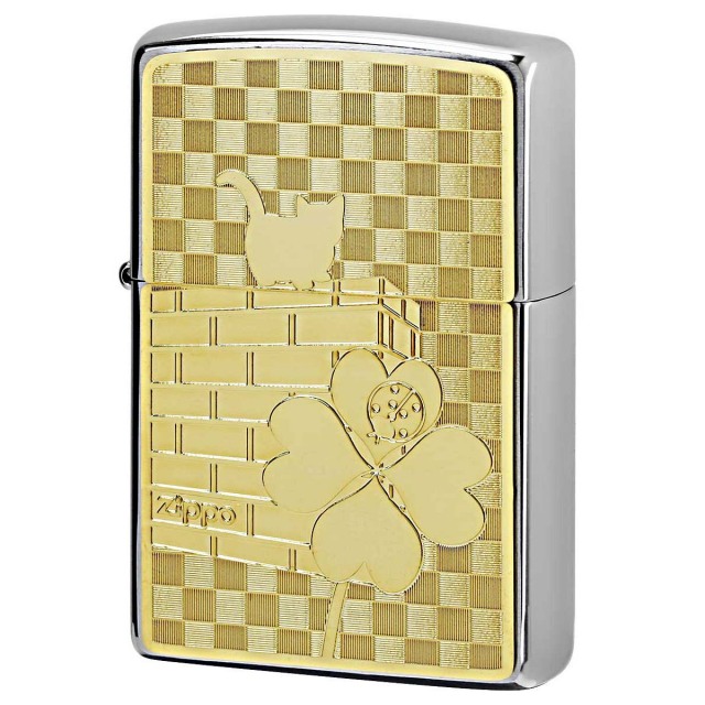 Zippo ジッポー ネコ 猫 Cat 天道虫 #200 ゴールドプレート ブラッシュドクローム 2MP-ネコと天道虫 GP メール便可